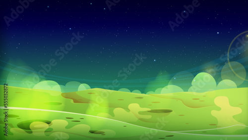 Green alien planet surface with craters and toxic smoke. Cartoon vector illustration of uninhabited ground with dangerous poisonous gas or vapor under night starry sky. Space adventure game background