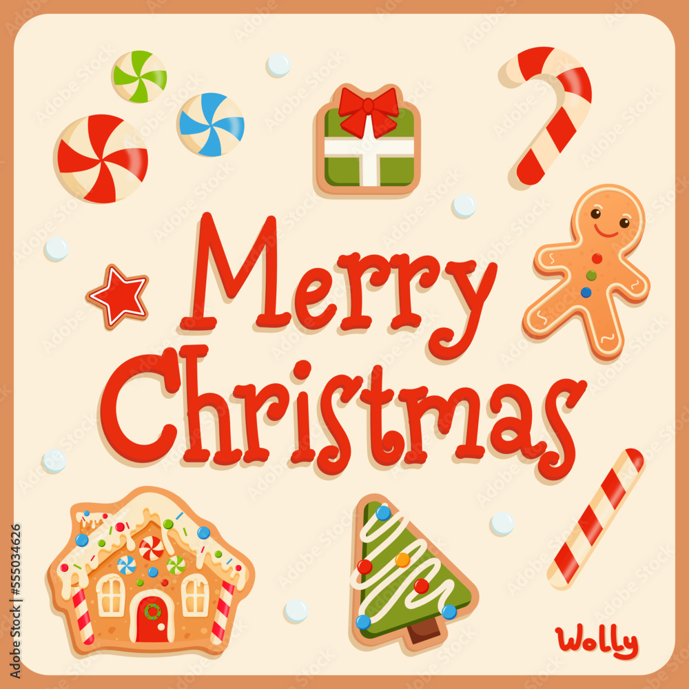 Christmas icons set: Gingerman, Ginger house, holidays present, tree, candy, star, snowballs, cookie, Merry Christmas Christmas icons set: Gingerman, Ginger house, holidays present, tree, candy, star, snowballs, cookie, Merry Christmas