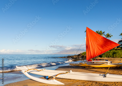 Outrigger Canoe on The Sandy Shore of Polo Beach, Wailea, Maui, Hawaii, USA