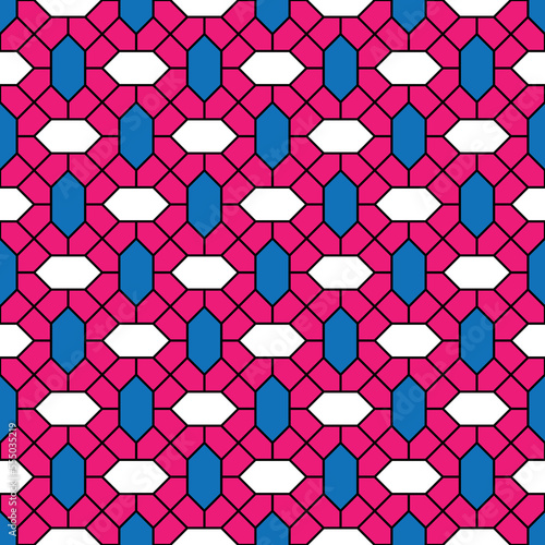 Blue and white diamond shape and black diagonal line pattern on magenta background. Linked diagonal line and hexagon shape. Blue and white lattice pattern on magent background. Abstract maze backdrop.
