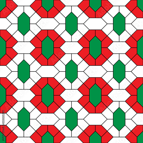 Red and green diamond shape and black diagonal line pattern on white background. Linked diagonal line and hexagon shape. Red and green lattice pattern on white background. Abstract maze backdrop.