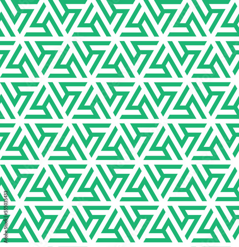 Rotation of maze triangle pattern on white background. Monochrome abstract art. Green stripe triangle shape on white backdrop. Abstract background.