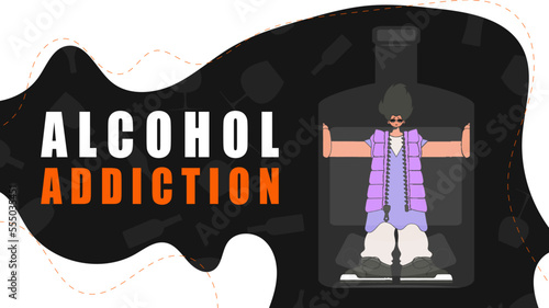 Banner Treatment for alcohol addiction. A man is a hostage inside a bottle.