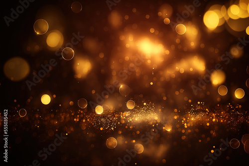 Abstract luxury gold background with gold particle. glitter vintage lights background. Christmas Golden light shine particles bokeh on dark background. Gold foil texture. Holiday concept