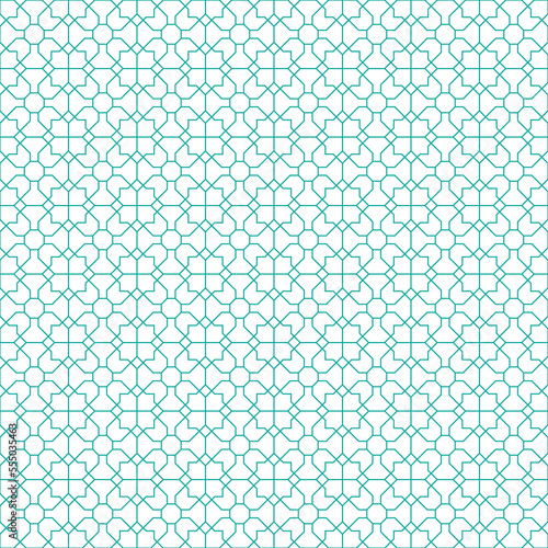 Blue square and diagonal line pattern on white background. Linked diagonal line on square and octagon shape. Blue lattice pattern on white background. Abstract maze backdrop.