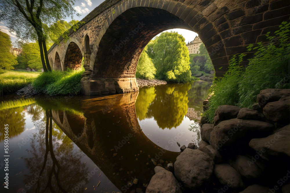 Stone bridge crosses a river in the Lake District. Digital artwork	
