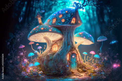 Fairy houses in fantasy forest with glowing mushrooms. Digital artwork