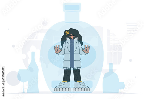 The concept of treatment for alcohol addiction. Girl inside the bottle.