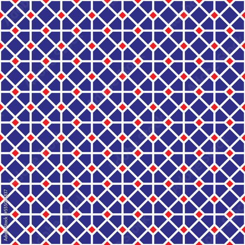 White line pattern and red square on blue background. A linked diagonal line shape. White lattice on blue backdrop.