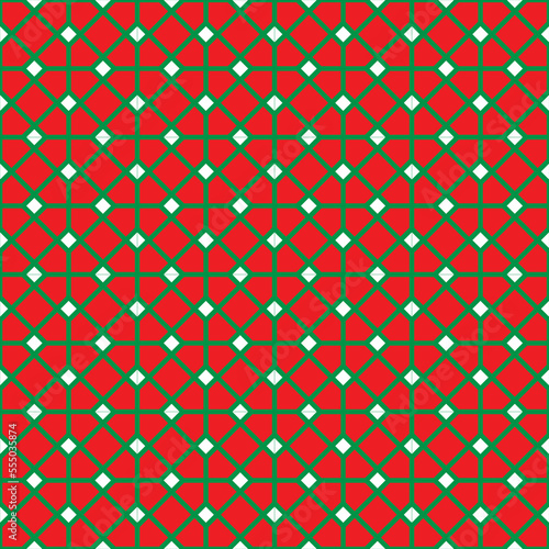 Green line pattern and white square on red background. A linked diagonal line shape. Green lattice on red backdrop.