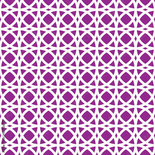 White circle interlaced pattern on purple background. White interlocking pattern on purple backdrop.