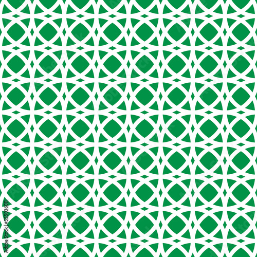White circle interlaced pattern on green background. White interlocking pattern on green backdrop.