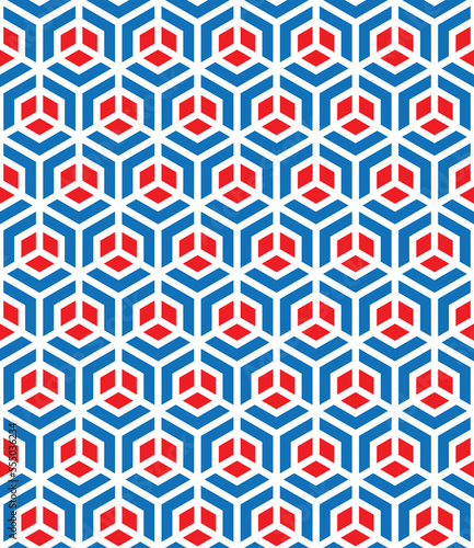Red and white hexagon shape on blue background.