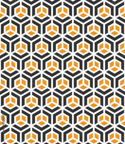 Black and white hexagon shape on orange background.