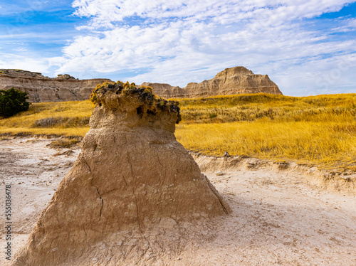 Solitary Eroded Formation on The Castle Trail   Badlands National Park  South Dakota  USA