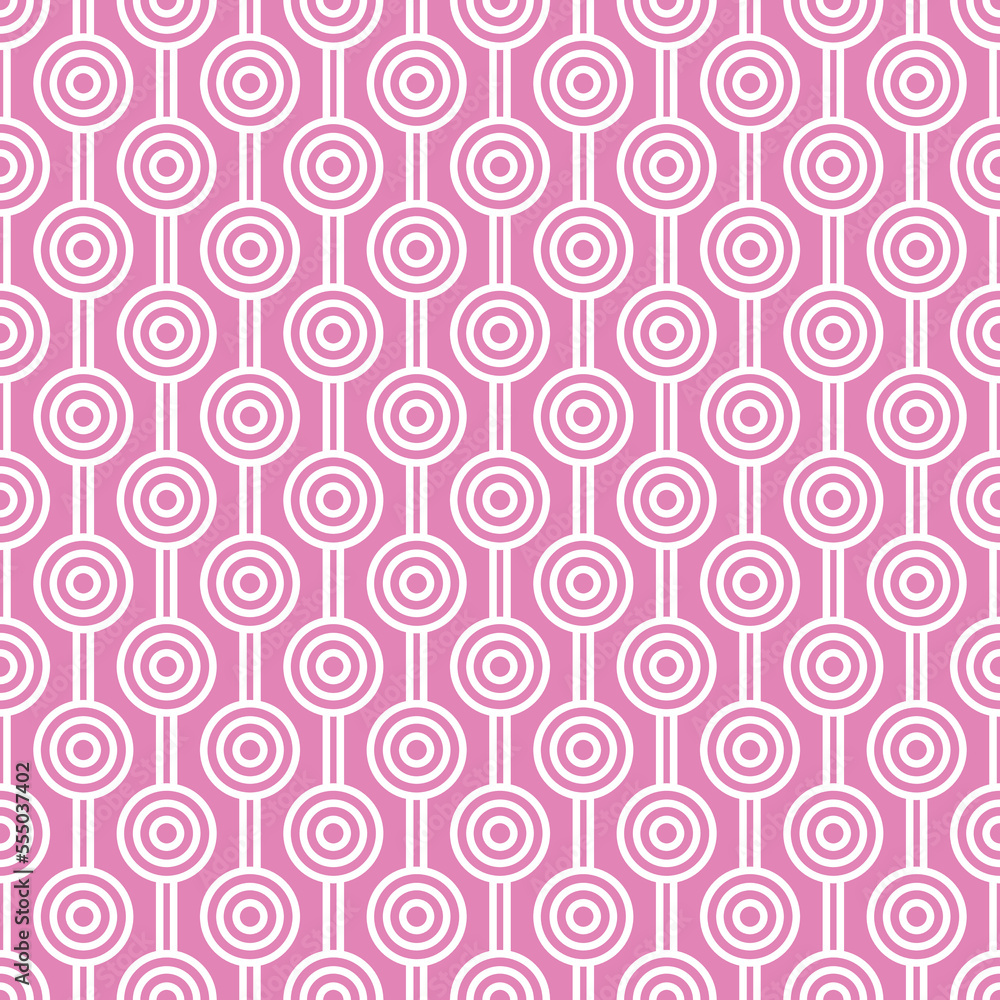 White maze circle and white line pattern on pink background. Colorful seamless interlocking circle pattern on pink backdrop. White maze circle and white line pattern on pink background. Colorful seamless interlocking circle pattern on pink backdrop.