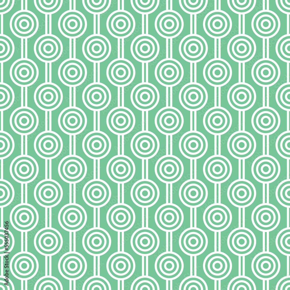 White maze circle and white line pattern on green background. Colorful seamless interlocking circle pattern on green backdrop.