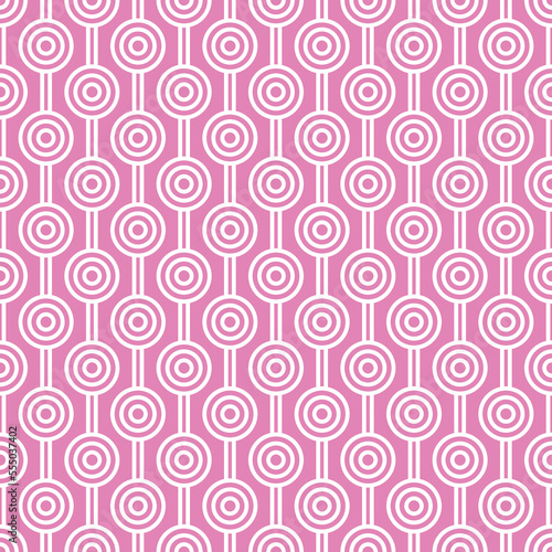 White maze circle and white line pattern on pink background. Colorful seamless interlocking circle pattern on pink backdrop.