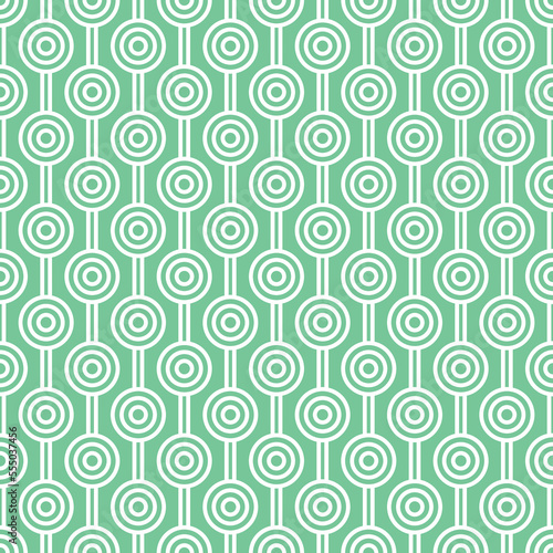 White maze circle and white line pattern on green background. Colorful seamless interlocking circle pattern on green backdrop.