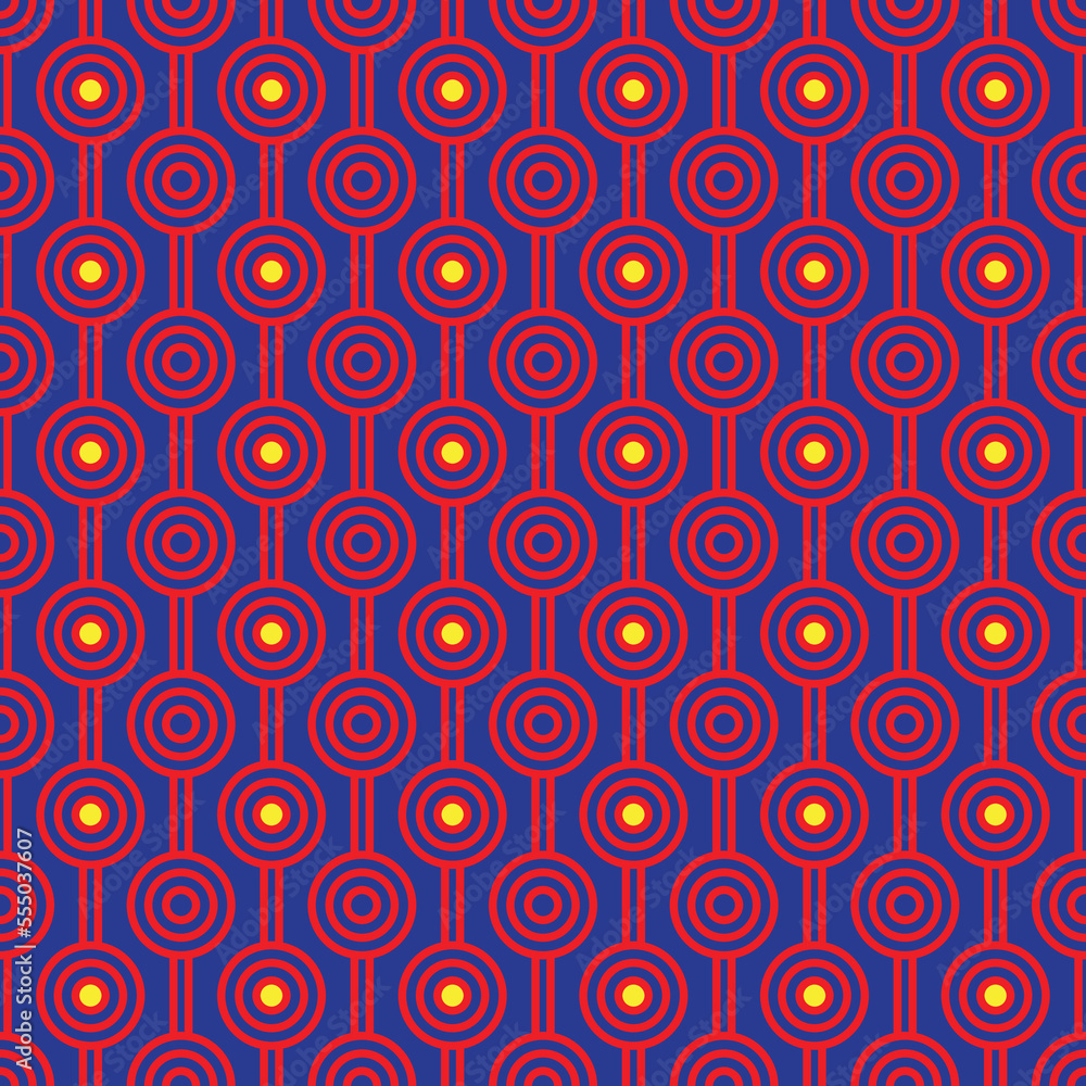 Red maze circle and white line pattern on blue background. Colorful seamless interlocking circle pattern on blue backdrop.