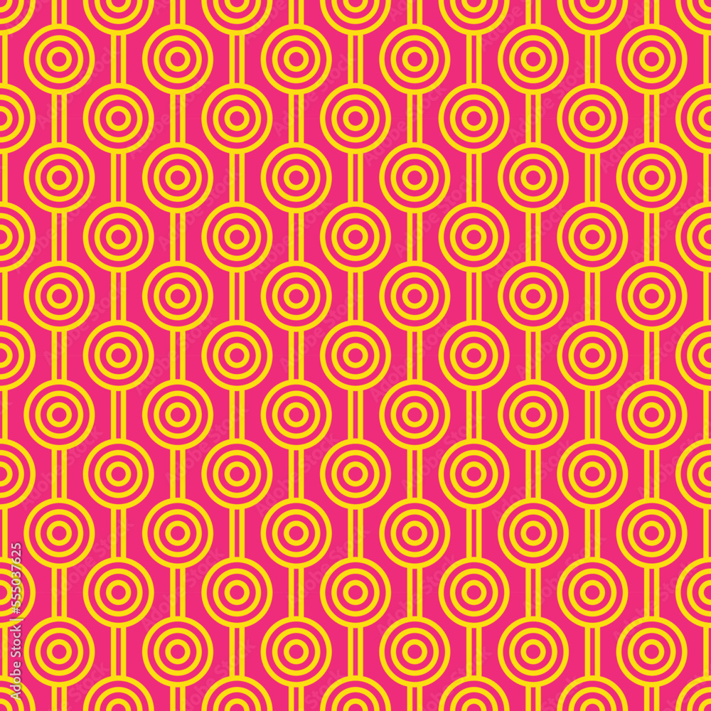 Yellow  maze circle and white line pattern on red background. Colorful seamless interlocking circle pattern on red backdrop.