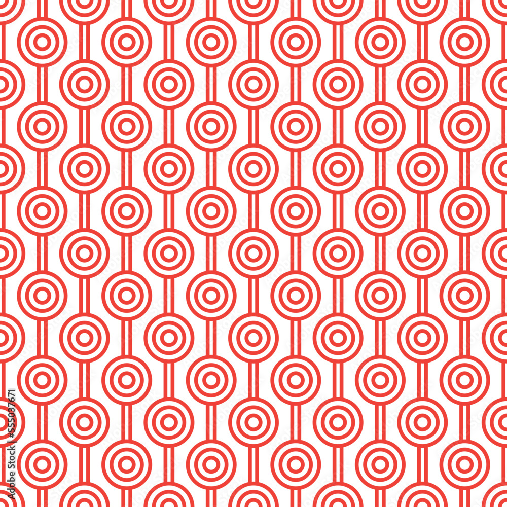 Fototapeta premium Red maze circle and white line pattern on white background. Colorful seamless interlocking circle pattern on white backdrop.