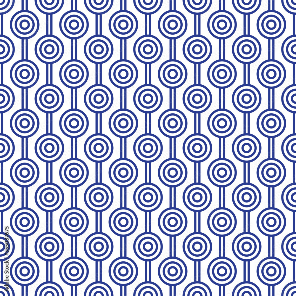 Blue maze circle and white line pattern on white background. Colorful seamless interlocking circle pattern on white backdrop.