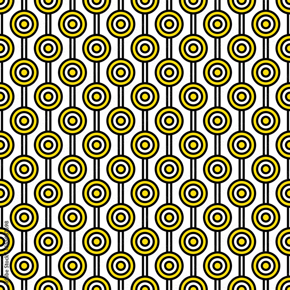 Fototapeta premium Yellow maze circle and black line pattern on white background. Colorful seamless interlocking circle pattern on white backdrop.
