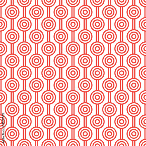 Red maze circle and white line pattern on white background. Colorful seamless interlocking circle pattern on white backdrop.