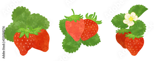 葉っぱ付きのイチゴの水彩イラスト