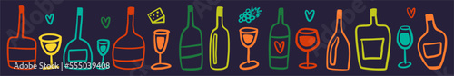 Vector horizontal pattern with wine bottles and glasses, hand-drawn in doodle style