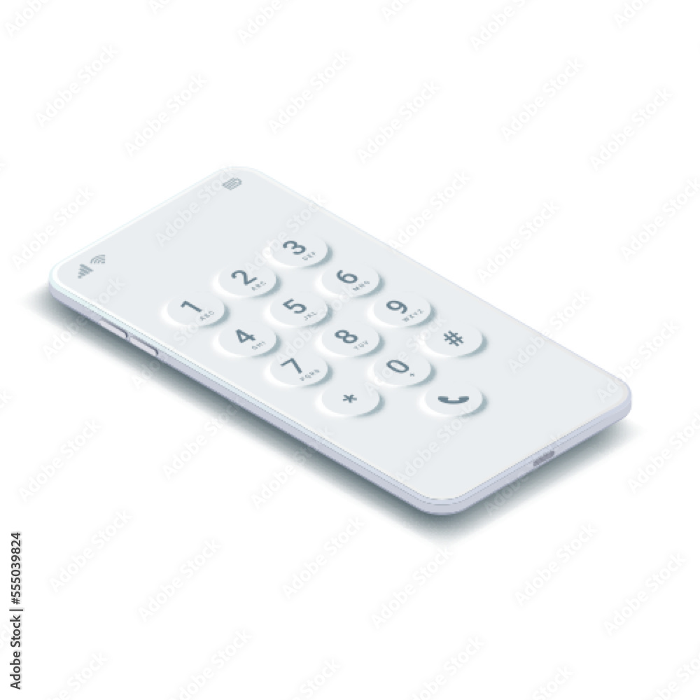 White isometric smartphone mock up. Dial screen on phone. Realistic mobile screen keypad with numbers and letter template. Vector 3D touchscreen device keypad white interface mockup. White isometric smartphone mock up. Dial screen on phone. Realistic mobile screen keypad with numbers and letter template. Vector 3D touchscreen device keypad white interface mockup.