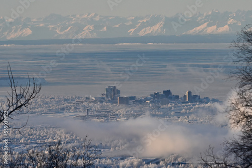 Canvas Print Anchorage, Alaska, city landscape with fog, ice and snow.