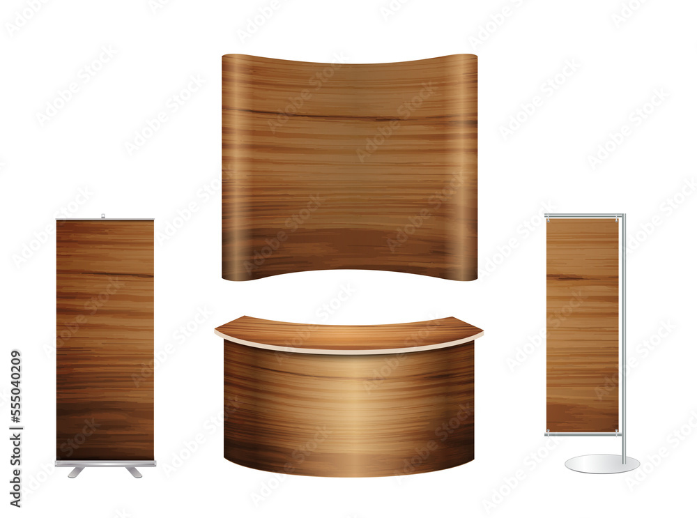 Trade show booth exhibition stand design mock up. Front view with wood ...