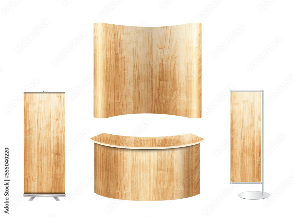 Trade show booth exhibition stand design mock up. Front view with wood ...