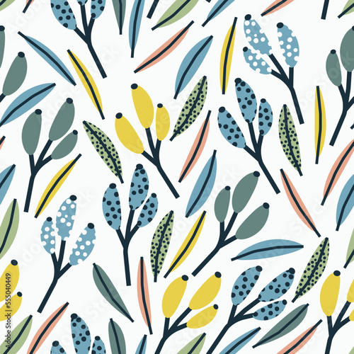 Cute botanical seamless pattern with leaves and berries. Vector background, print, design