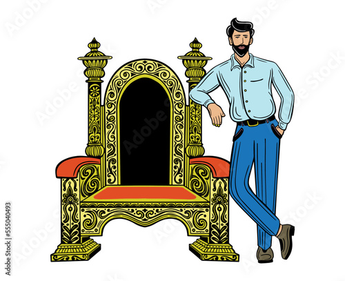 confident, successful man standing with throne chair hand drawn vector