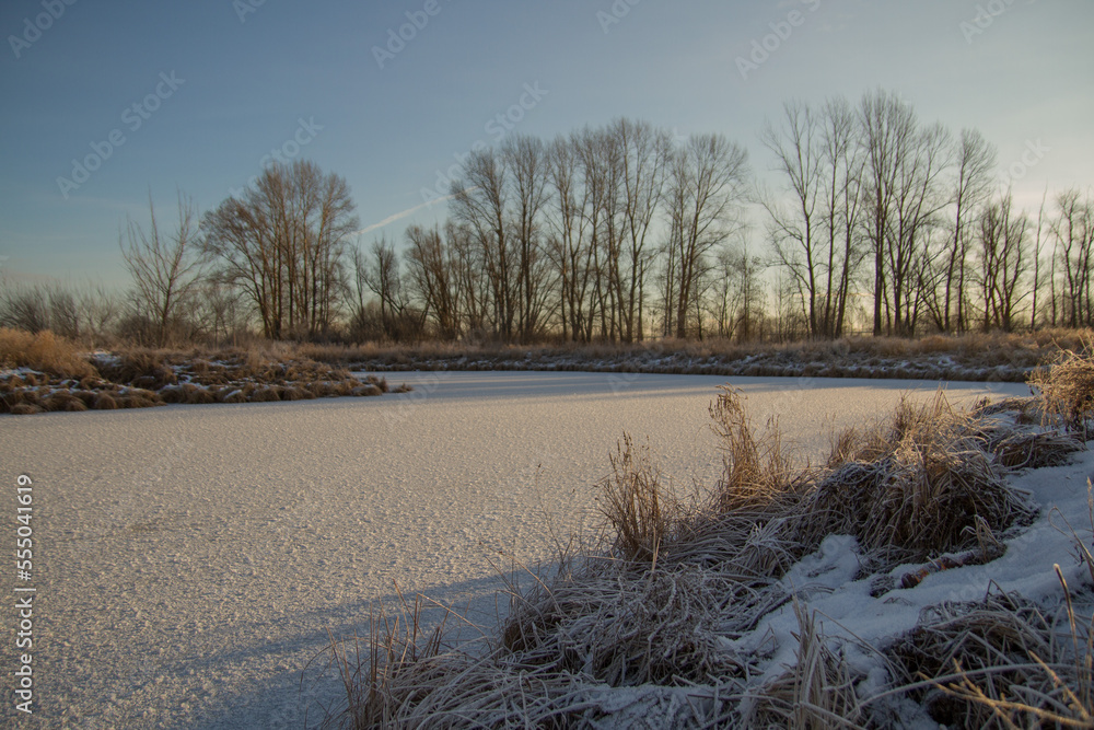 Breath of winter, first ice on the lake, dawn on a frosty morning with frost on the grass, close-up of frost, patterns on the first ice Breath of winter, first ice on the lake, dawn on a frosty morning with frost on the grass, close-up of frost, patterns on the first ice