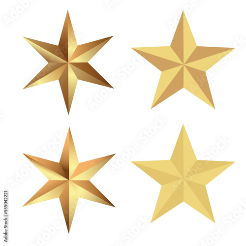 A set of gold stars. Glossy Christmas yellow badge. Design elements for holidays. A shiny yellow metal badge or medal template. Vector illustration