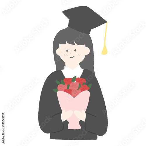 Hand drawn illustration of a graduate with bouquet.