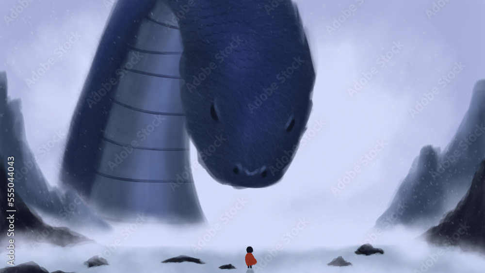A boy wearing a red robe faces a giant snake on top of a snowy mountain ...