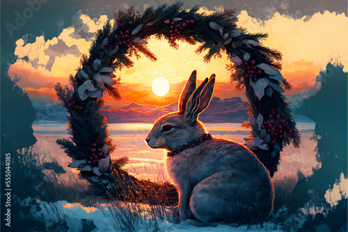 Bunny Rabbit with Winter Wreath Sunset Sunrise Holiday Christmas Greeting Card Style Painting Generative AI