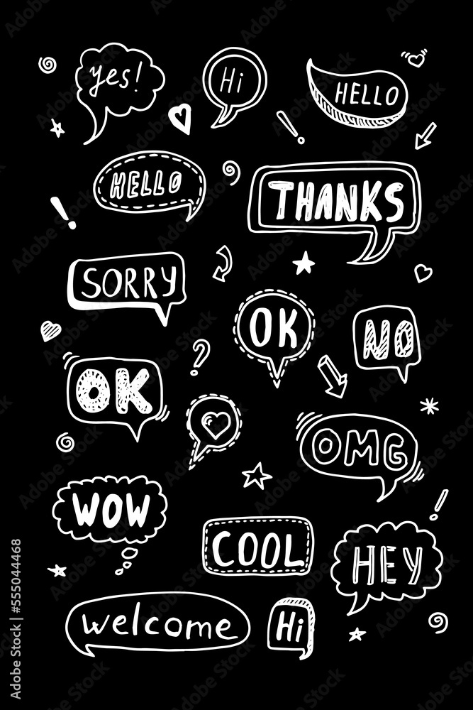 Set of cute speech bubble with text in doodle style Hello, ok, Bye, Hi white on black. Vector