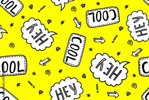 Hey cool text message seamless pattern. Cute speech bubble wallpaper. Yellow colored background. Vector wallpaper.