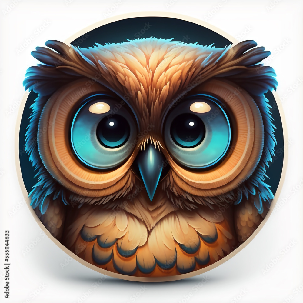 Cutie Night Owl face, Floral circular frame, icon, cartoon