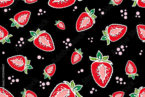 A simple pattern of strawberries. Black background, ripe strawberries, white counter. The print is well suited for textiles, Wallpaper and packaging.