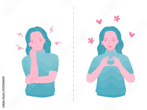 Two emotionally opposite woman portraits. sad and happy woman, flat vector illustration.