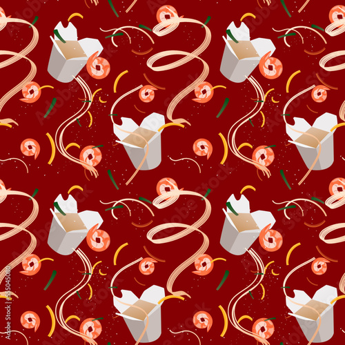 Chinese food in boxes seamless pattern on a red background. Carton food boxes with noodles, vegetables, seafood and meat, different fillings. Traditional Asian food. Vector food background.
