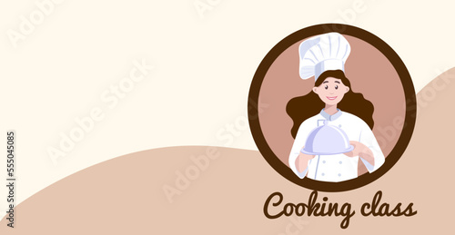 Chef with a dish in his hands. Cooking Class illustration. A cook in a white uniform. Concept illustration of the restaurant business. Vector illustration of a cartoon character. Banner.
