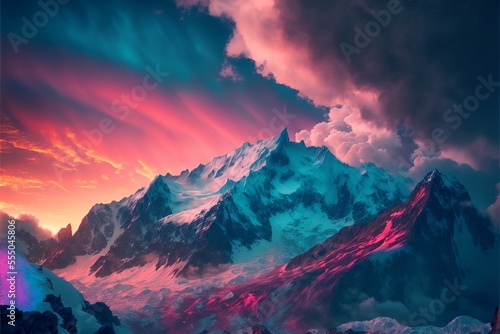 Beautiful Digital Illustration Snow-Covered Mountains with Pink Sunset Sky